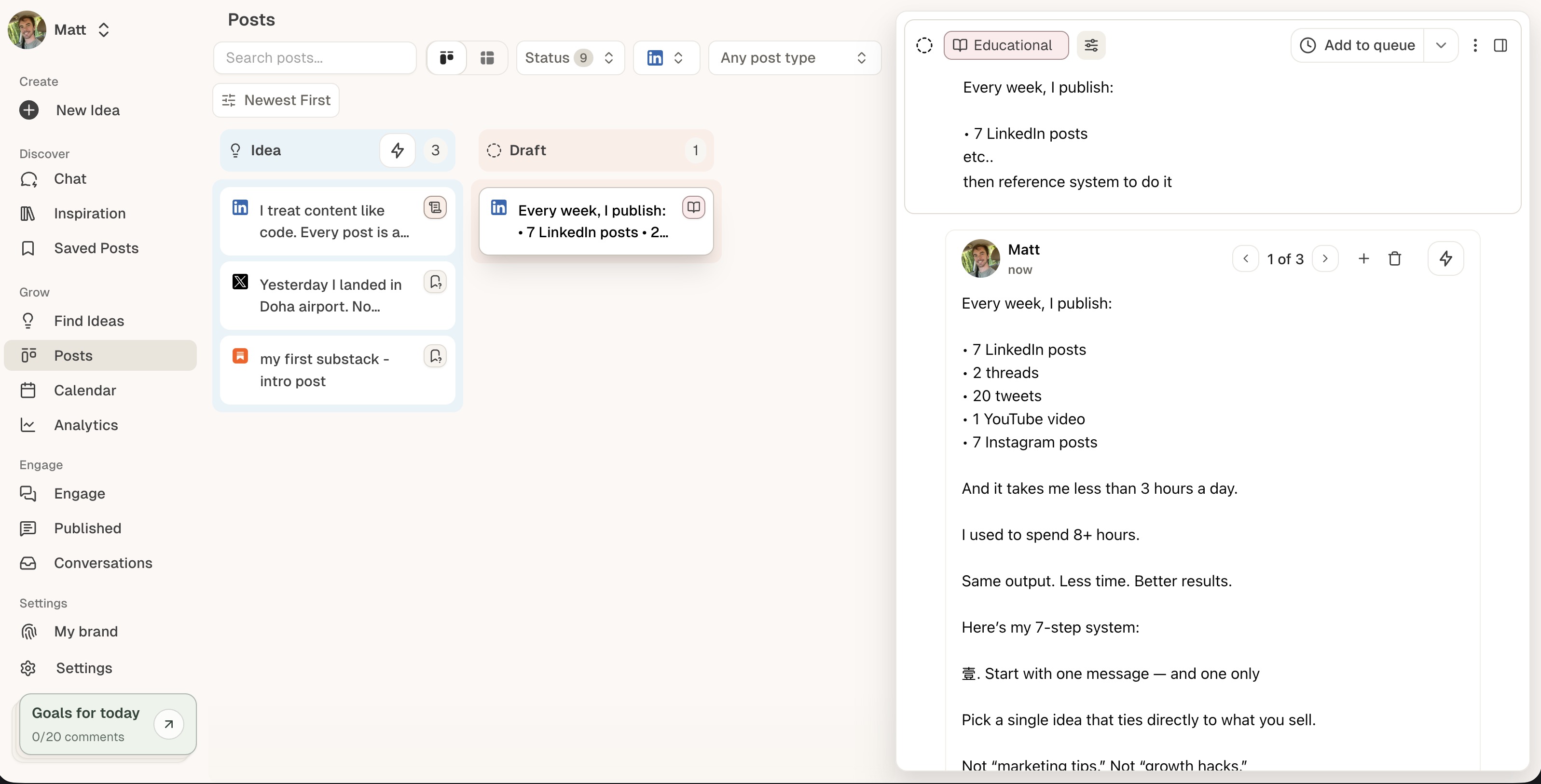 Full screen post editor on the right showing analytics view